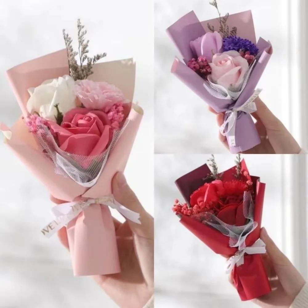 

Creative 3 Heads Soap Flower Photography Props Wedding Decor Gifts Artificial Rose Flower Mini Carnation Bouquet Mother's Day