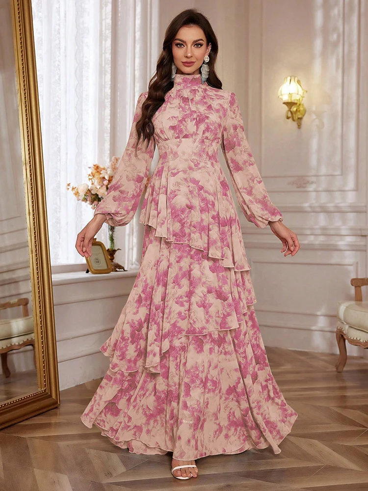 TOLEEN Women Floral Print Lantern Sleeve Ruffle Trim Chiffon Dress 2024 Spring Summer Casual Elegant Formal Party Maxi Dresses