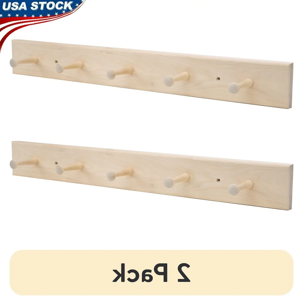 

2 Pack 27 Inch Wall Mounted Wood Hook Rack 5 Pegs Easy Installation Coats Hats Scarves Towels Entryway Storage