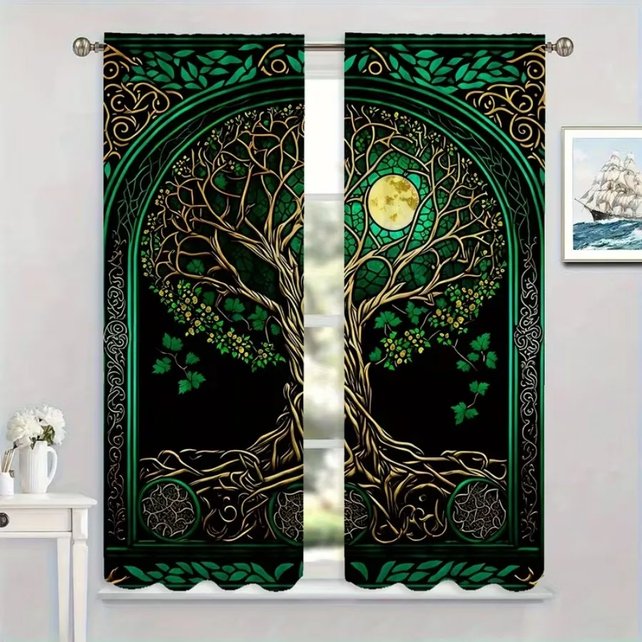 2 PCS Green Life Tree Curtains, Natural Forest Style Window Drapes for Living Room Bedroom Home Decor Polyester Rod Pocket