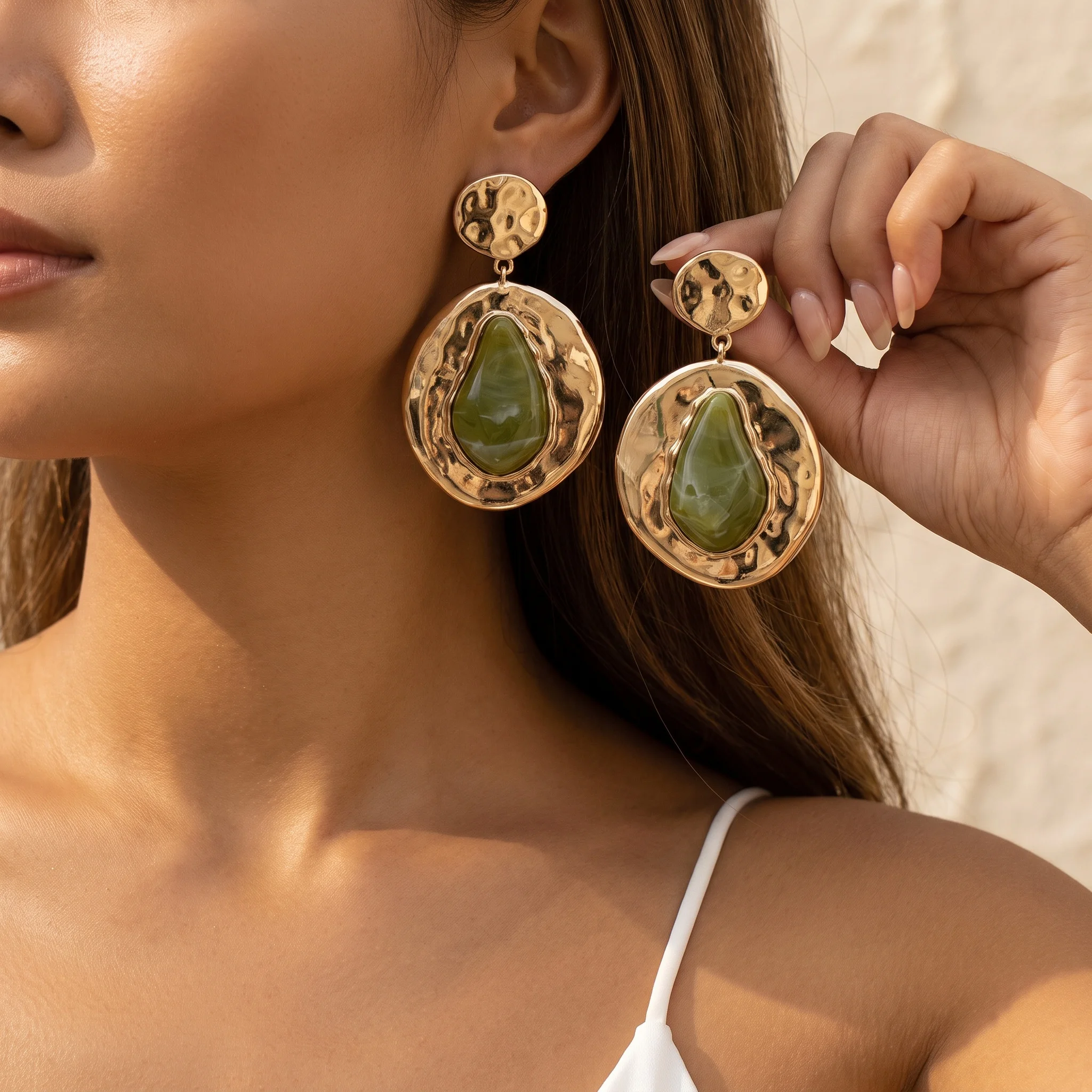 Boho Vintage Hammered Metal Big Dangle Earrings Green Acrylic Teardrop Drop Earring Irregular  Ear Jewelry For Women