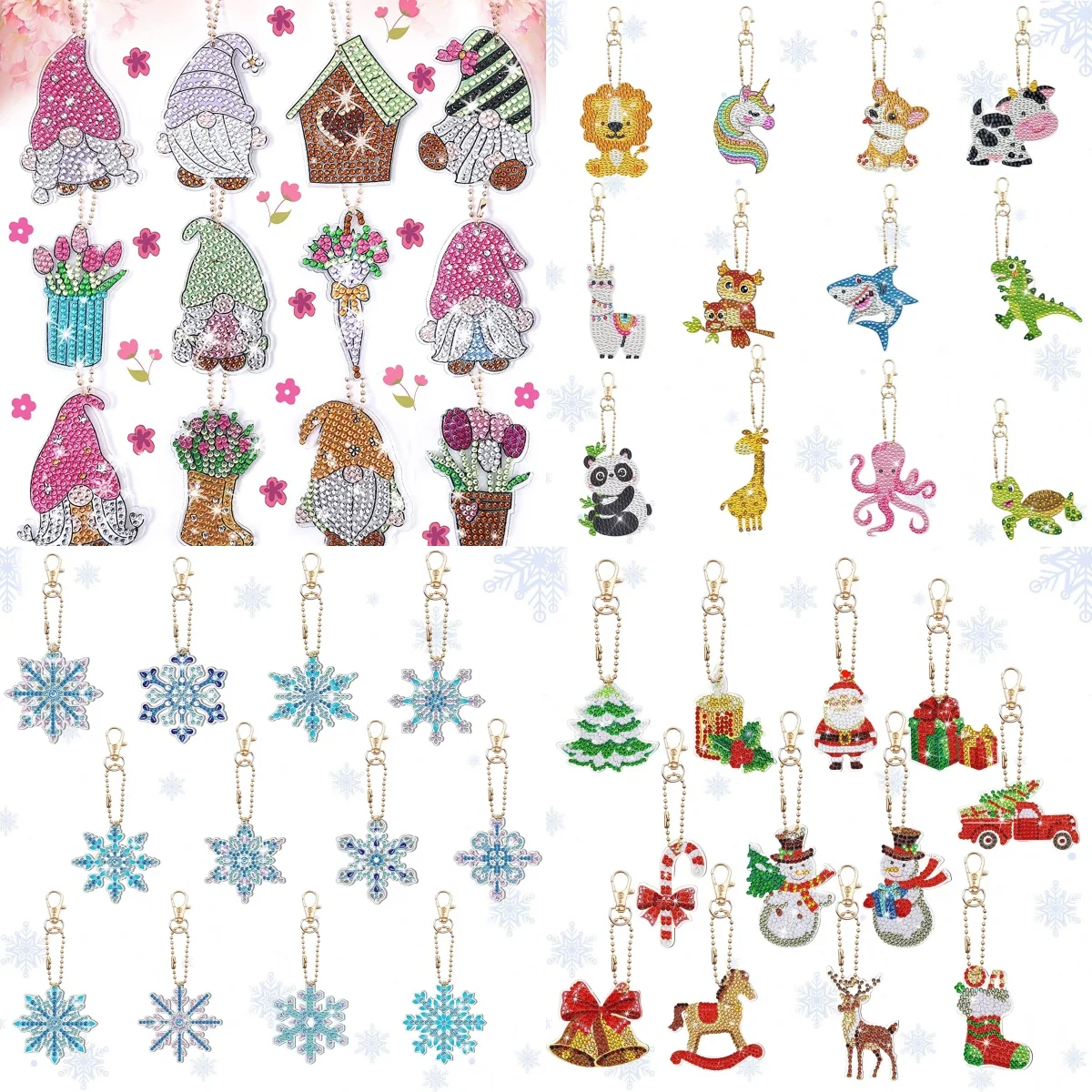 12-Piece DIY Double-Sided Christmas/Animal/Snowflake/Diamond Art Painting Set Keychains for Holiday Decorations