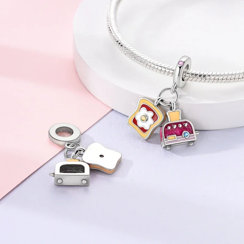 Silver Charms Beads Fried Egg Grape French Fries Tea Cup Beads Fit Bracelets Bag Keychain Charms Diy Women Gift Accessory