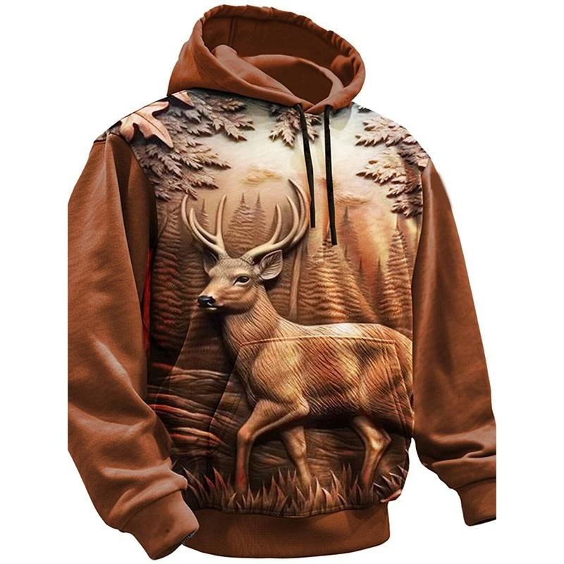 Wood Carving Deer Hoodie Men Multiple Colors Long Sleeve Pullover Sweatshirt 3D Printed Animal Autumn Winter Fashion Hoodies