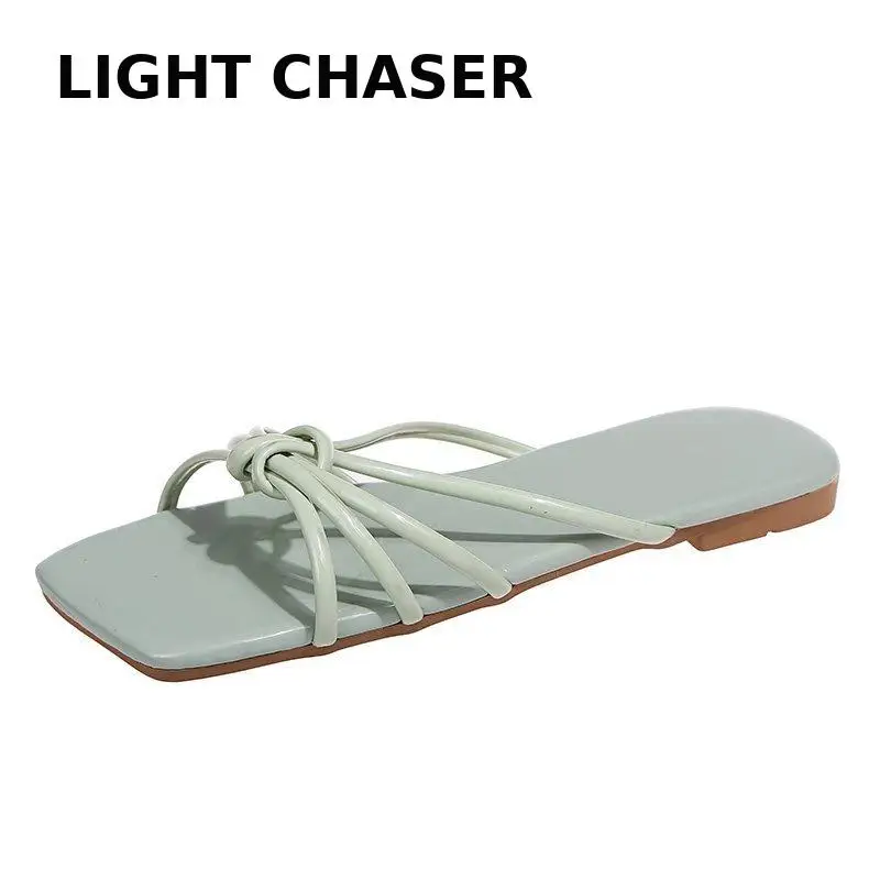 Summer New Woven Slippers Women's Flat-bottomed Square Toe Open-toe Solid Color One-word Buckle Women's Slippers Beach Shoes 43