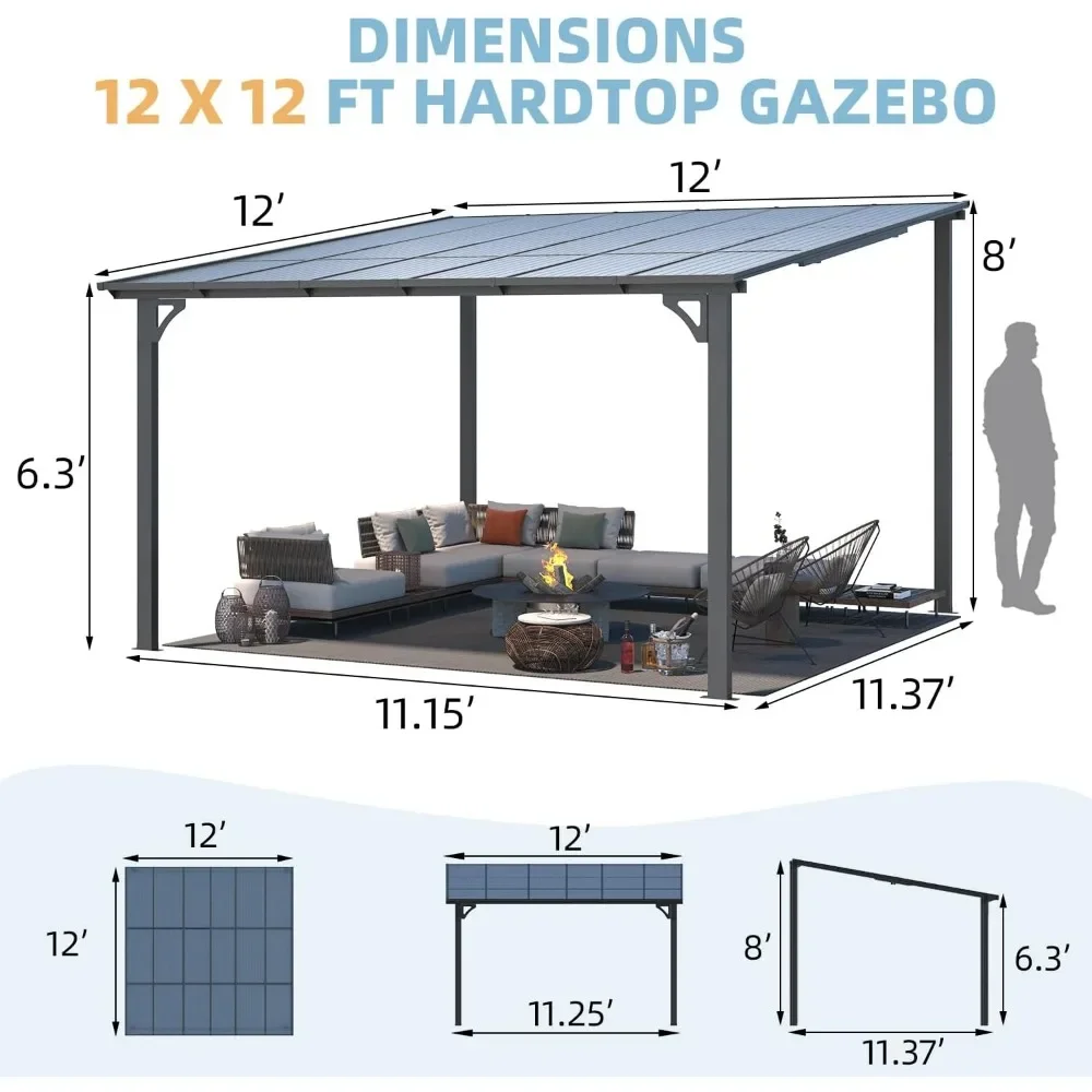 12 'x 12' terrace outdoor pavilion, large wall mounted hard top sloping metal pavilion, and pavilion with terrace roof