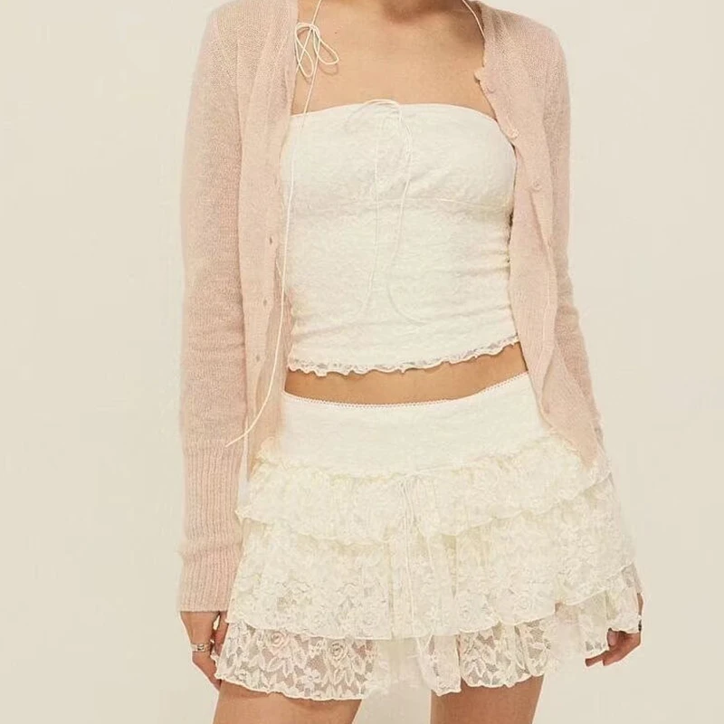YENKYE 2015 Women Yellow Black Y2K Lace Mini Skirt Sexy Low Waist Side Zipper A-line  Layered Summer Skirts With Short Lining