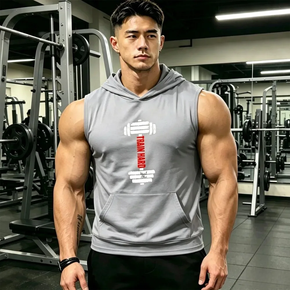 Men’s Athletic Sleeveless Hood Tank Top Dumbbell TRAIN HARD Printing Lightweight Durable Sports Vest For Bodybuilding Fitness