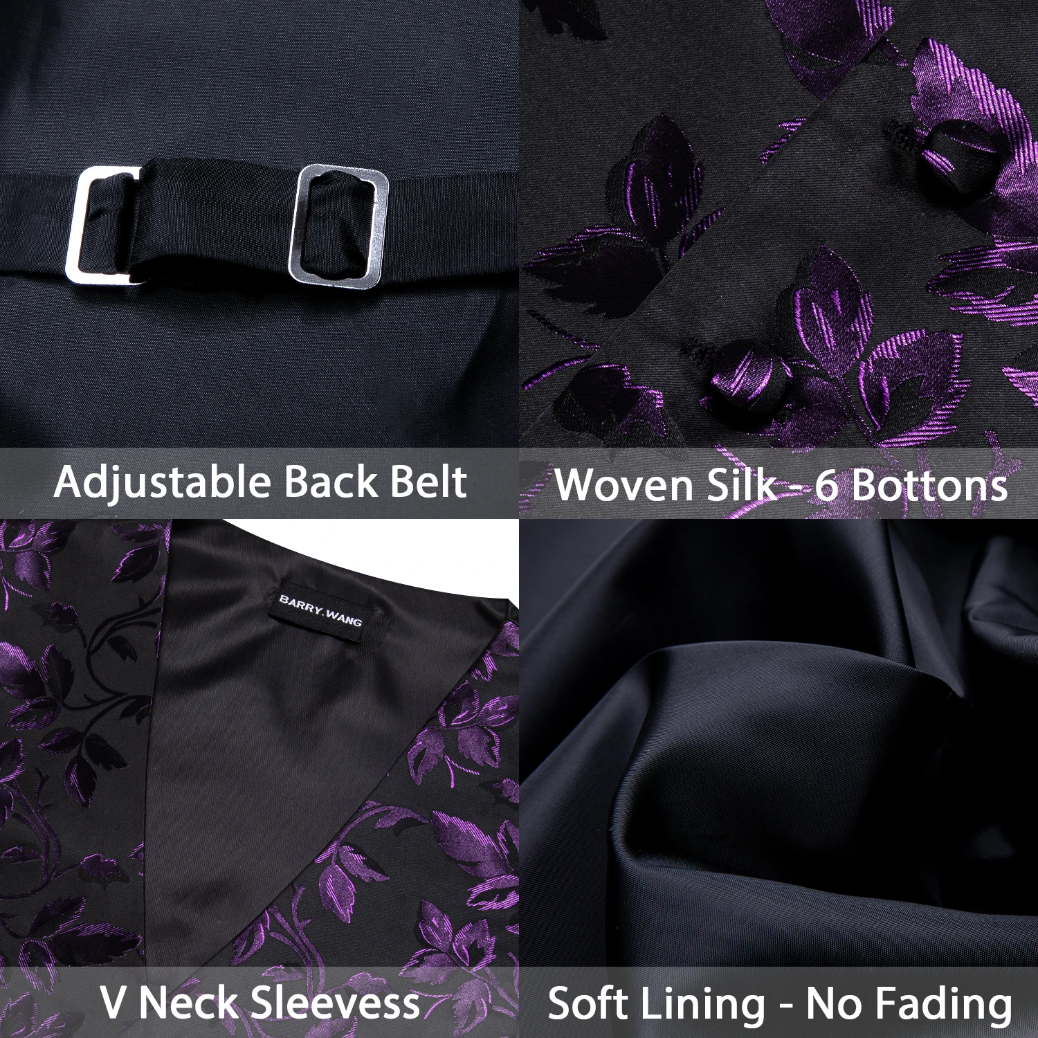 Barry.Wang-colete de seda sem mangas para homens, conjunto de abotoaduras Hanky, colete tecido, jaqueta, colete, gravata, roxo lilás, violeta, lavanda, casamento, negócio