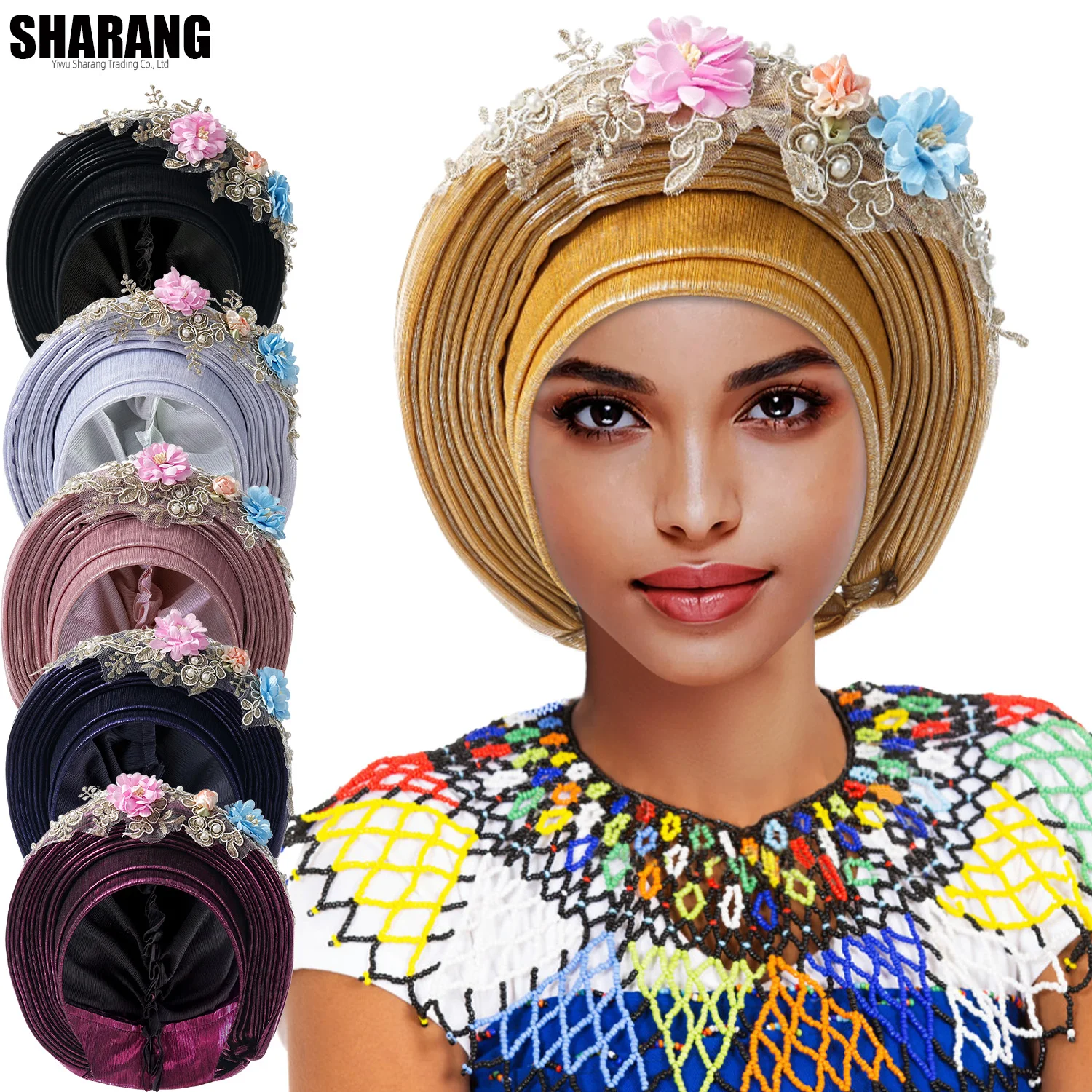 New African Headtie Turban Nigeria Head Ties with Flowers Already Made Auto Gele Women Head Wraps for Wedding Party
