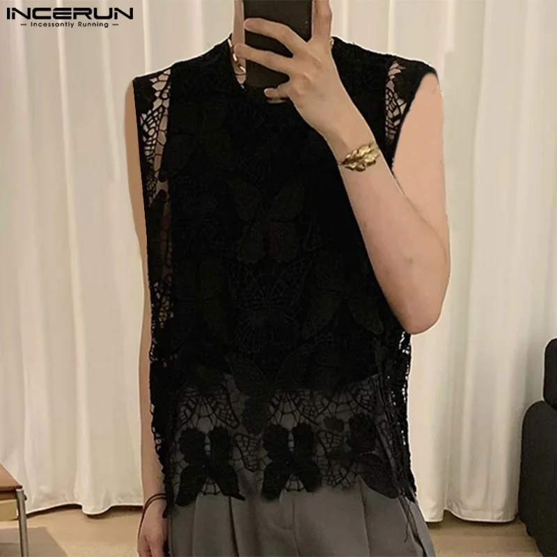 INCERUN Men Tanks Tops Hollow Out Lace Patchwork O-neck Sleeveless Transparent Male Vests Streetwear 2024 Fashion Men Clothing