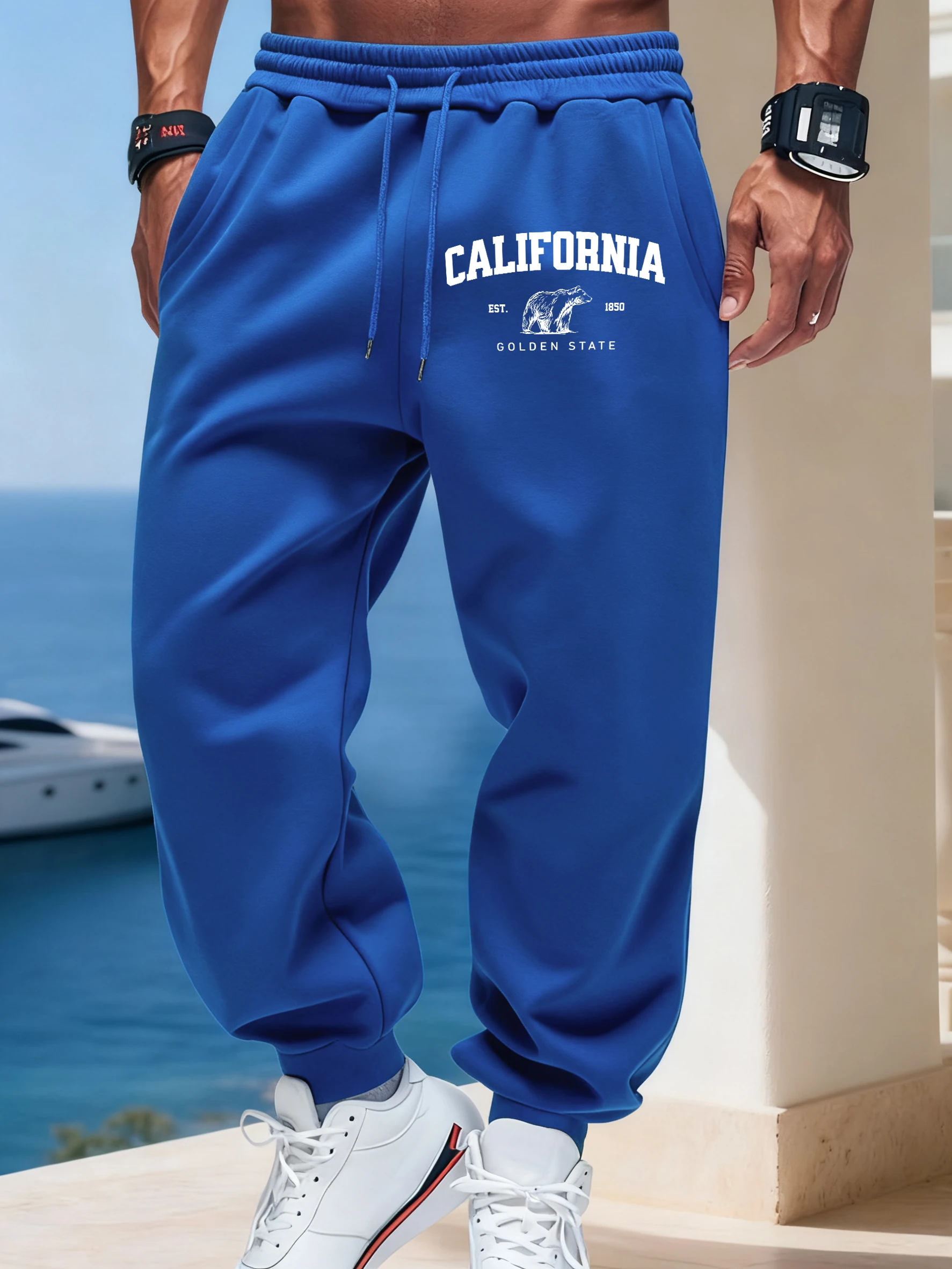 California Bear 1850 Print Unisex Herbst Britches Street Freizeithose Mode Kordelzug Lange Hose Warme Fleece Jogginghose Herren