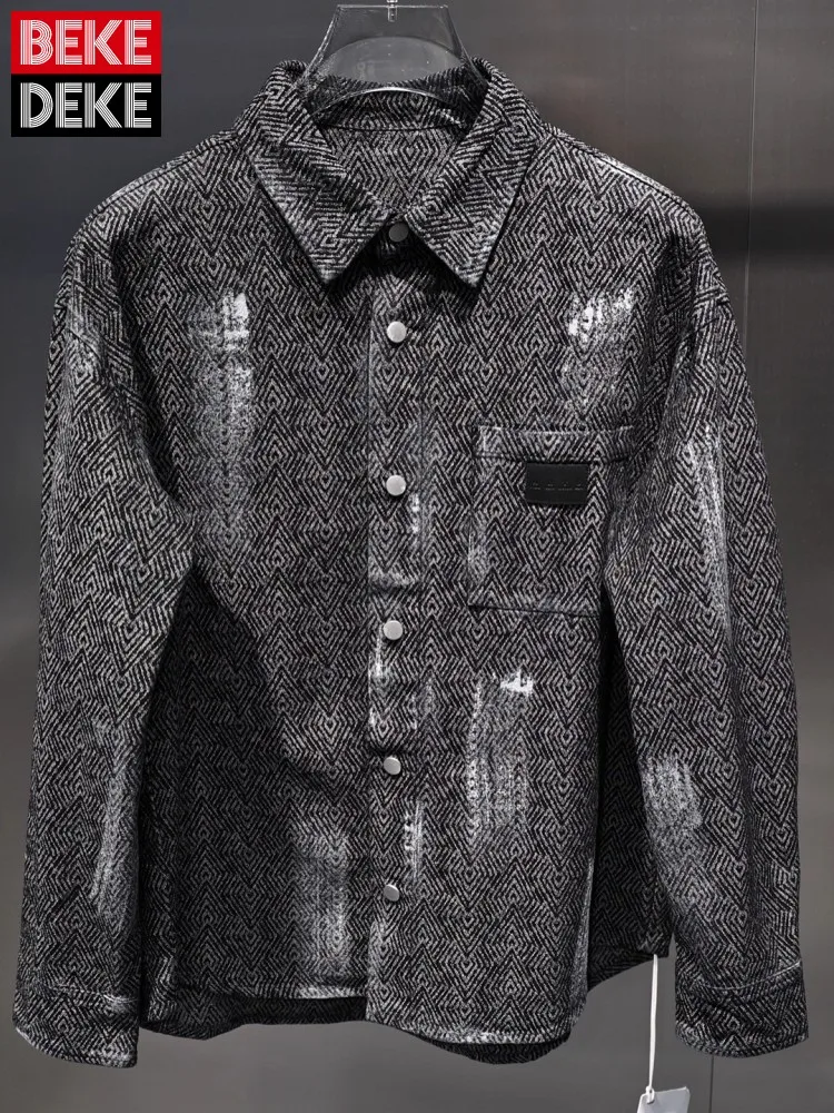 

Fashion Youthful Autumn Loose Fit Stripe Men Shirt Jacket Turndown Collar Long Sleeve Coat Single Breasted Casual Daily Overcoat