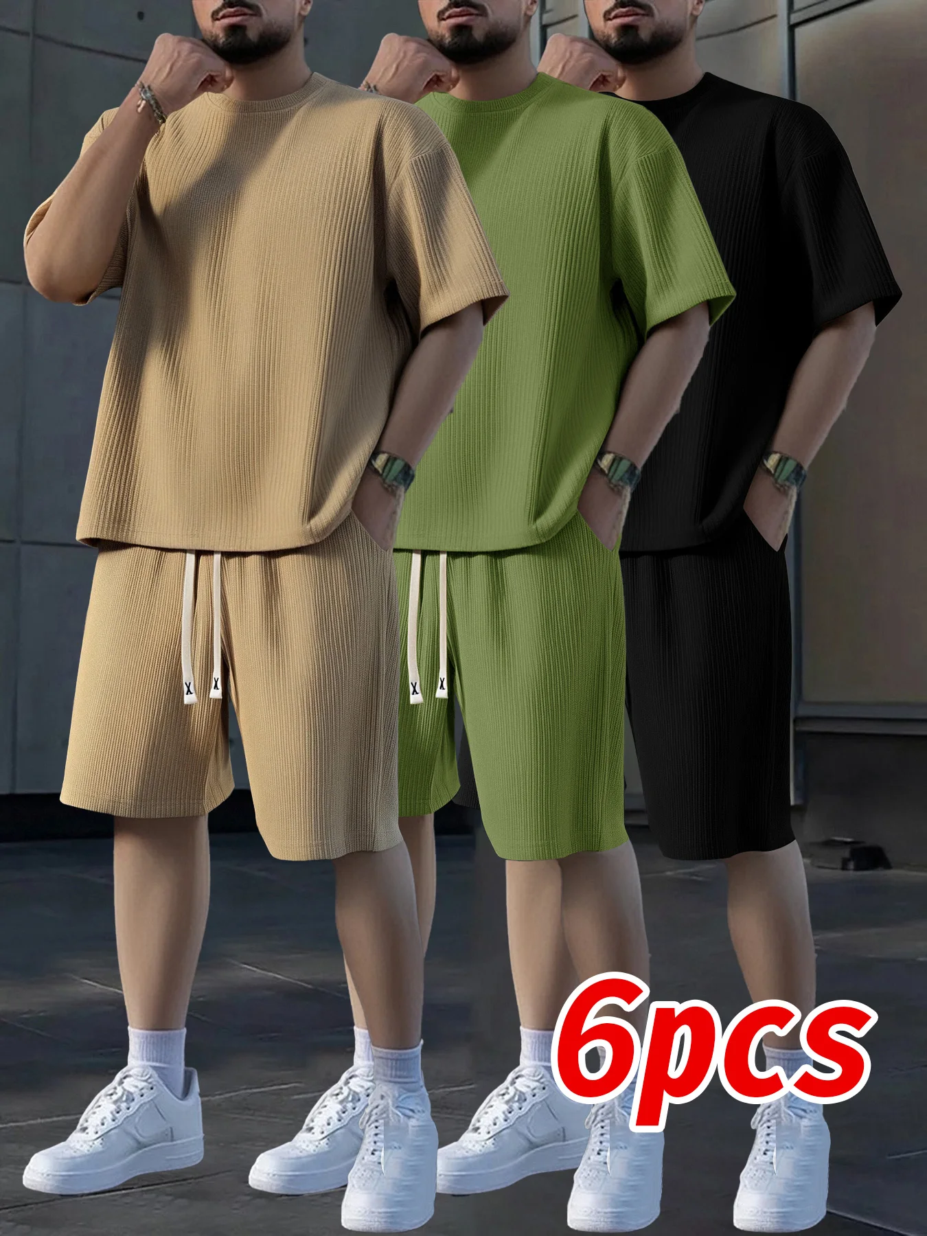 

6-Piece Men's Crew Neck Short Sleeve Shorts Set, Textured Fabric Breathable and Sweat-absorbent, Suitable for Sports, Travel, et