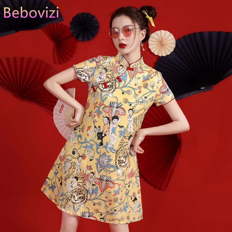 Large Size 4XL Chinese Style Improved Modern Cheongsam Dresses 2022 Summer New Loose Dinner Party Dress Qipao Clothes