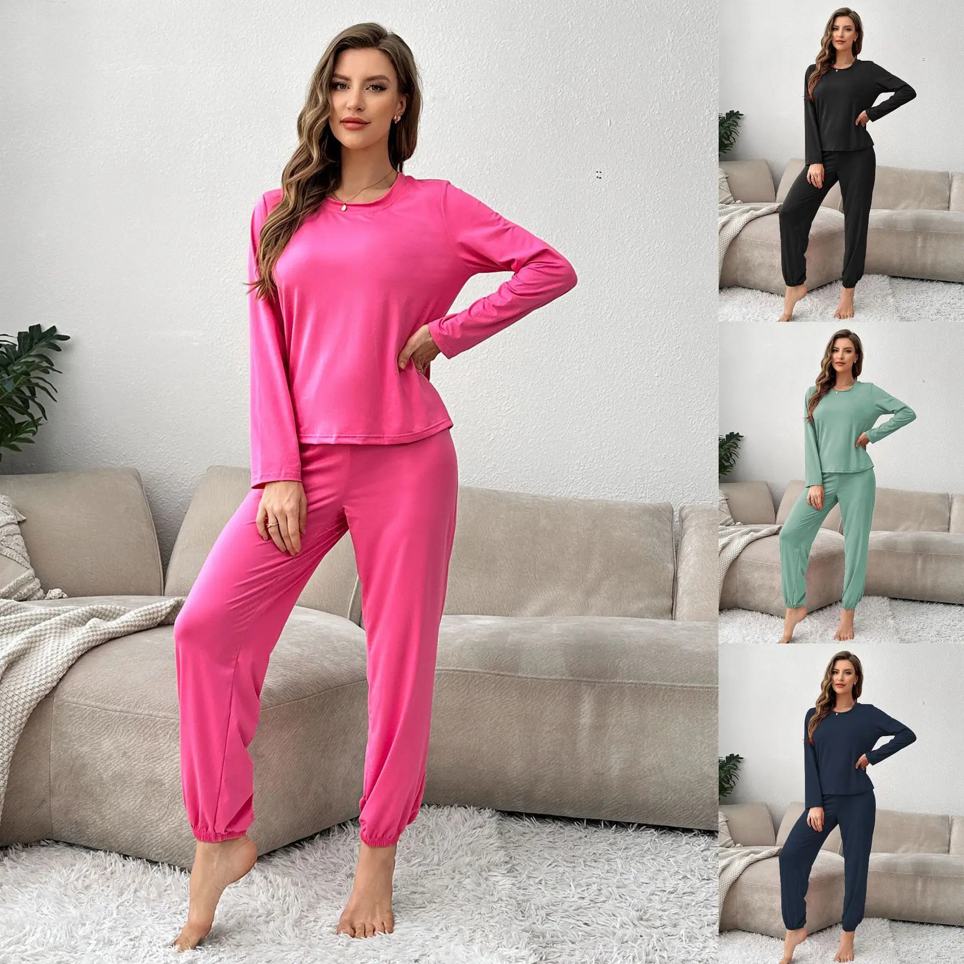 Women Solid Pajama Set, Round Neck Long Sleeve Top & Elastic Cuff Pants, Soft Stretch 2 Piece Loungewear Sleepwear for Home Wear