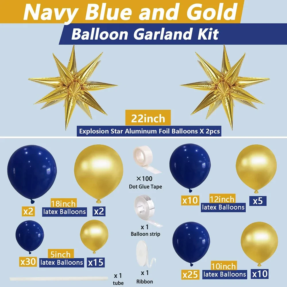 104Pcs Navy Blue Gold Balloons Arch Kit with Gold Explosion Star Balloon for Wedding Graduation Birthday Party Anniversary Decor