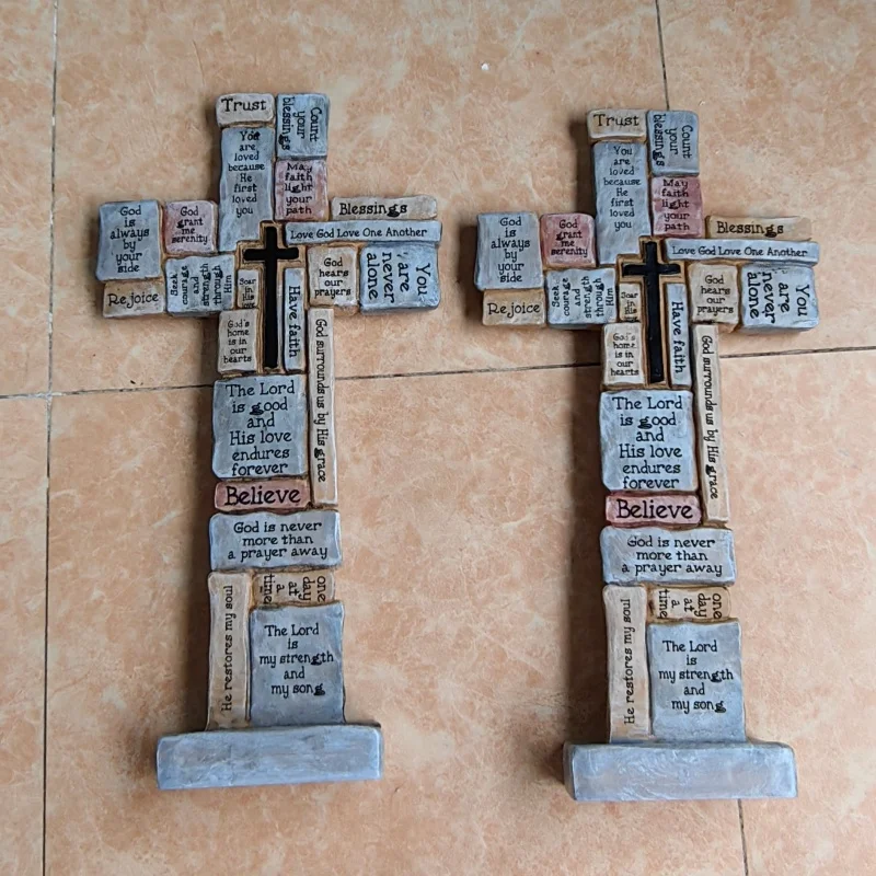 Durable Christian Cross Statue Handmade Resin Craft Cross Prayer Sculpture Funny Cross Desktop Ornament Home Indoor Scene Garden