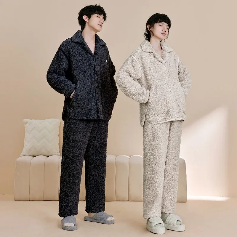 Couple Pajamas for Men Fleece Winter Sleepwear Korean Sleeping Night Wear Solid Pijama 2 Pcs Pants Sets Warm Pocket Home Suit