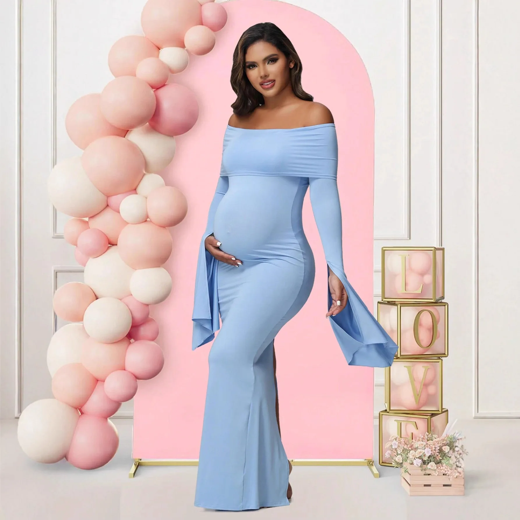 European Maternity Gown Off-the-Shoulder Photography Dress with Flared Sleeves Bodycon Slit Hem Baby Shower Youth Pregnancy