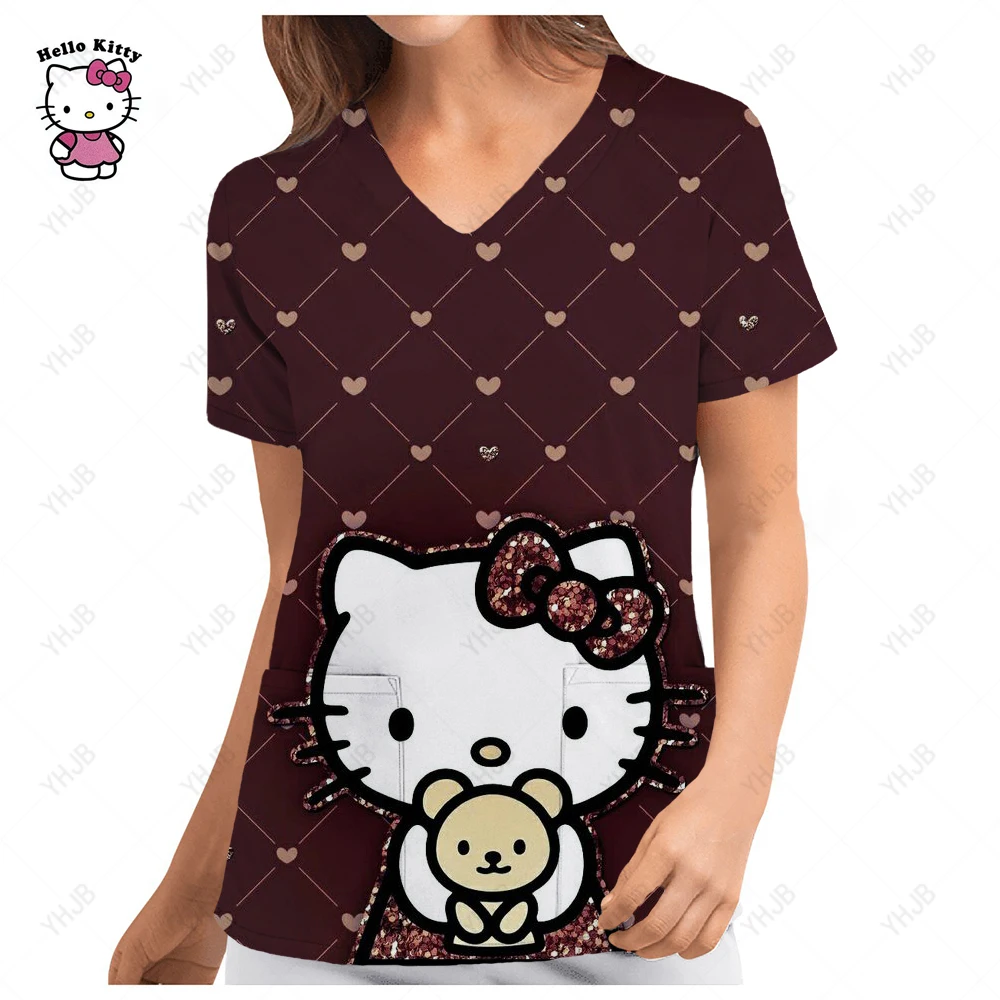Uniforme de enfermera para mujer, manga corta, nuevo uniforme de trabajo de Hello Kitty, blusa de bolsillo, Tops, uniformes médicos de enfermería, 2025