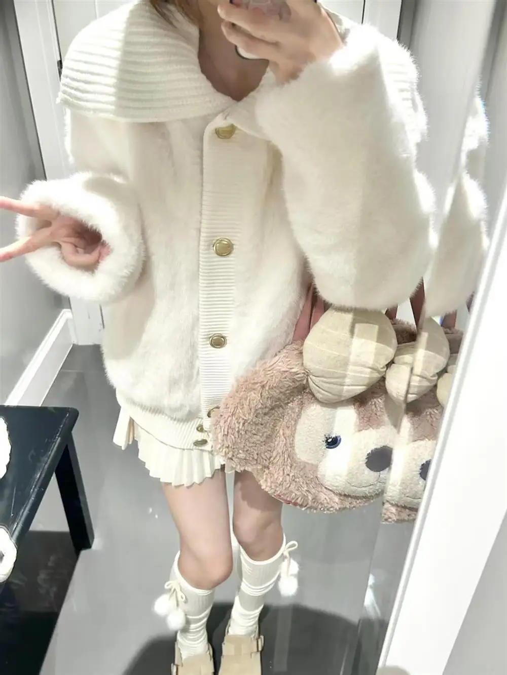 Elegant White Collar Knitted Fur Coat Women's Autumn Winter New Style Soft Cozy Eco-friendly Fashion High Quality Sweater Car...