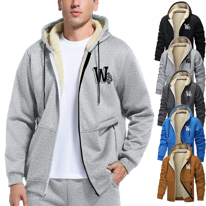 

Теплое мужское пальто на флисовой подкладке с графическим рисунком, зимняя теплая плюшевая верхняя одежда из шерпа, топы, повседневная куртка с капюшоном на молнии и карманом на молнии