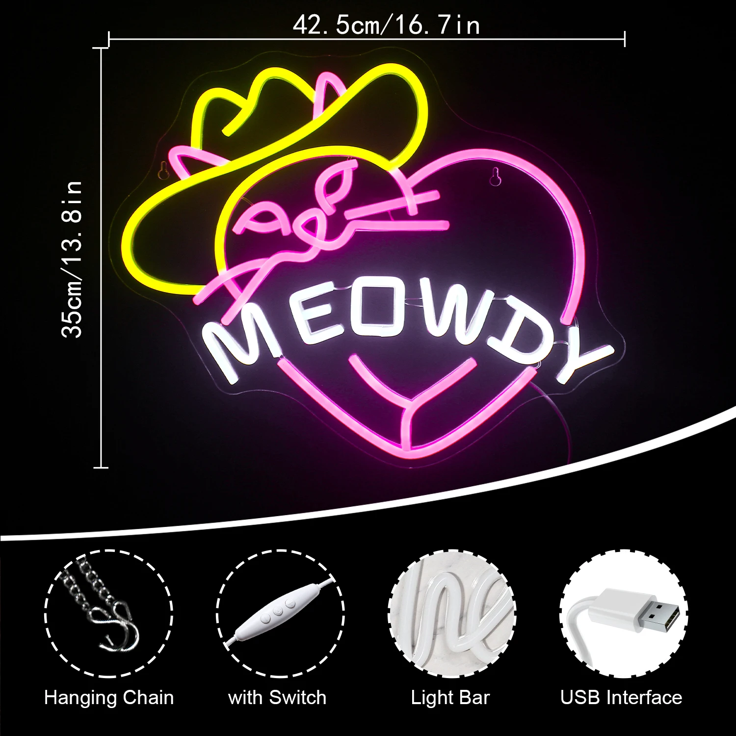 Imagem -04 - Oving Cat in Cowboy Hat Led Neon Lights Usb Powered Gato Bonito Sinal de Parede para Pet Shop Decor Decoração do Quarto das Crianças