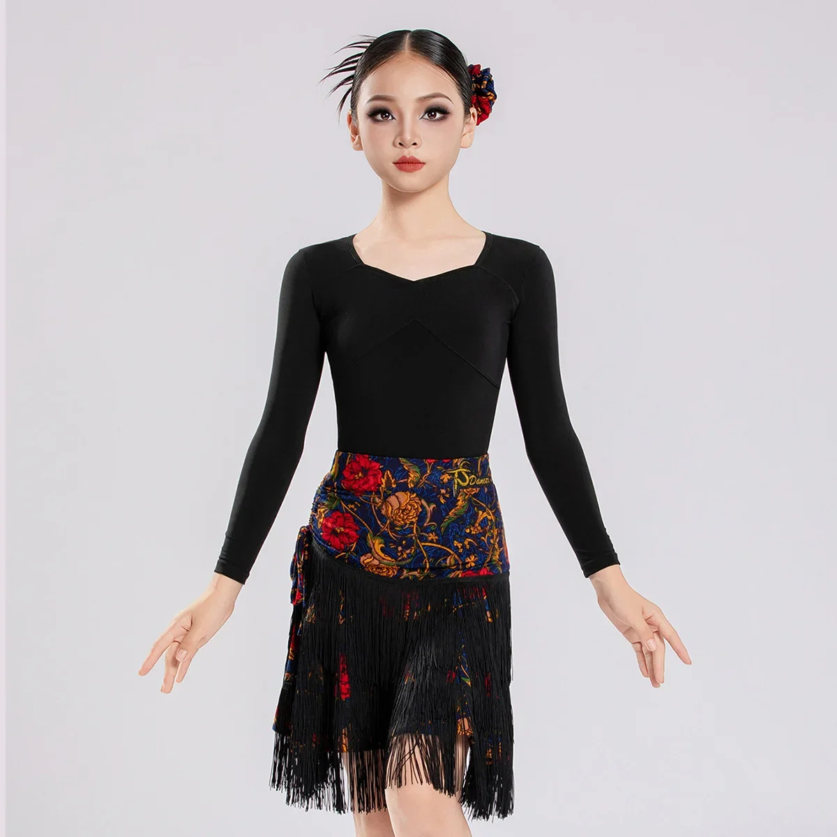 Children's Latin Dance One-piece Fringed Skirt and Hip Scarf Adult Double-sided Rose Dance Practice Clothes and Training Clothes