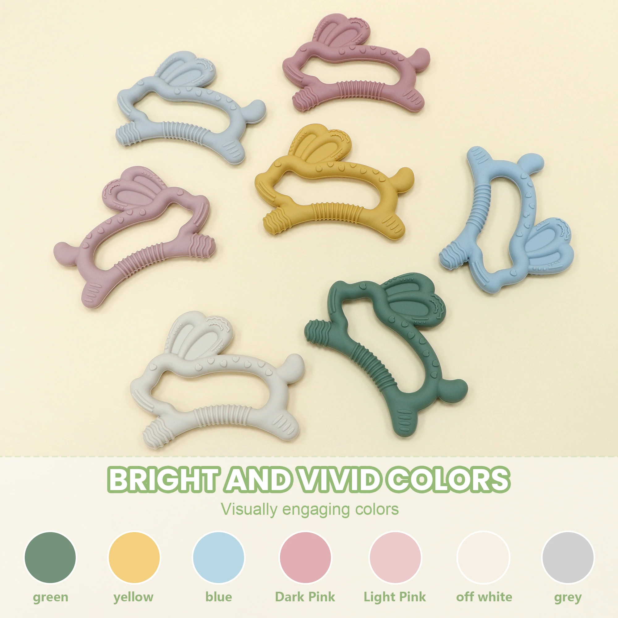 Jouet de dentition lapin animé, adapté aux bébés de 0 à 6 à 12 mois, jouet de dentition en silicone souple, silicone de qualité alimentaire.