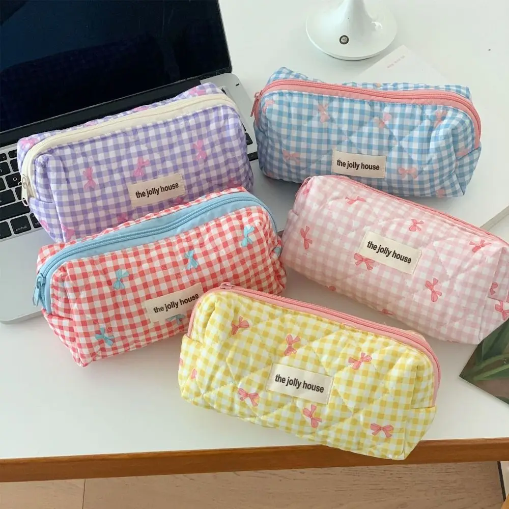 Large Capacity Lattice Cosmetic Bag Korean Style Bow Pattern Cute Storage Bag Colorful with Zipper Portable Makeup Bag