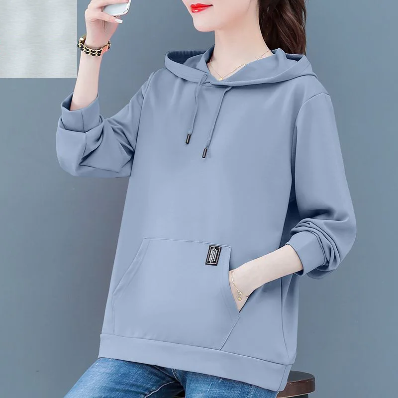 Female Casual Solid Hoodies Autumn Winter Pocket Loose-fitting Long Sleeve Drawstring Cloth Decoration Pullover Sweatshirts