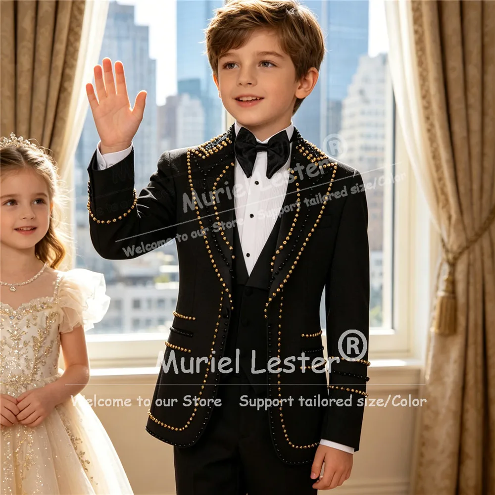 

Luxury Suit Boy For Wedding Gold/Black Pearls Children Tuxedos Customized 3 Piece Sets Kids Birthday Party Tuxedos Attire 2026