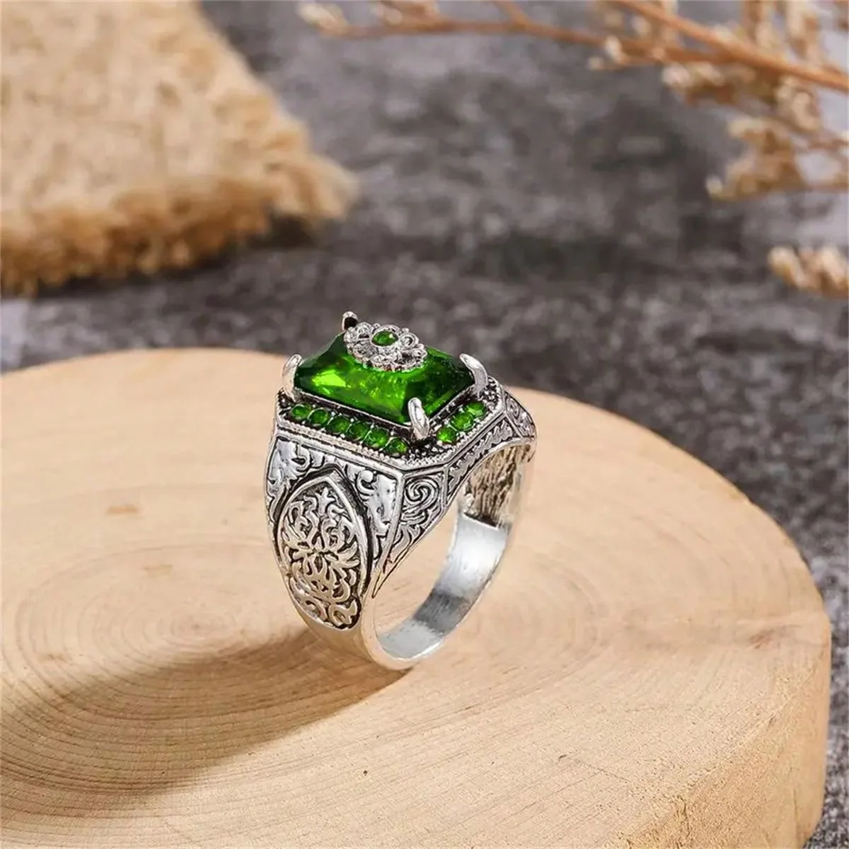 Retro Handmade Turkish Signet Ring For Men Women Ancient Silver Color Carved Eagle Ring Green Zircon Inlay Punk Motor Biker Ring