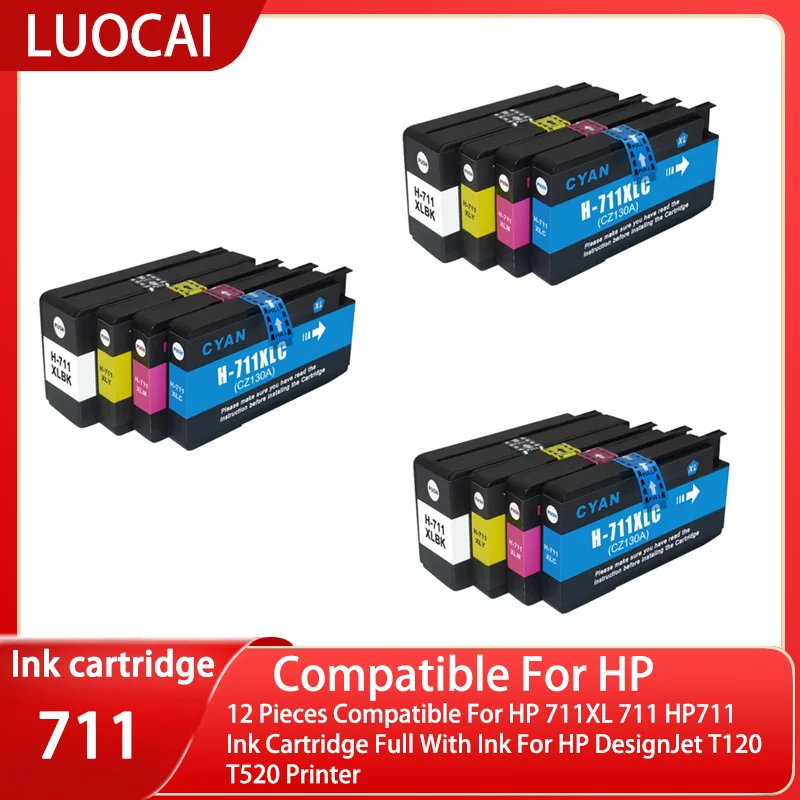 12 Pieces Compatible For HP 711XL 711 HP711 Ink Cartridge Full With Ink For HP DesignJet T120 T520 Printer