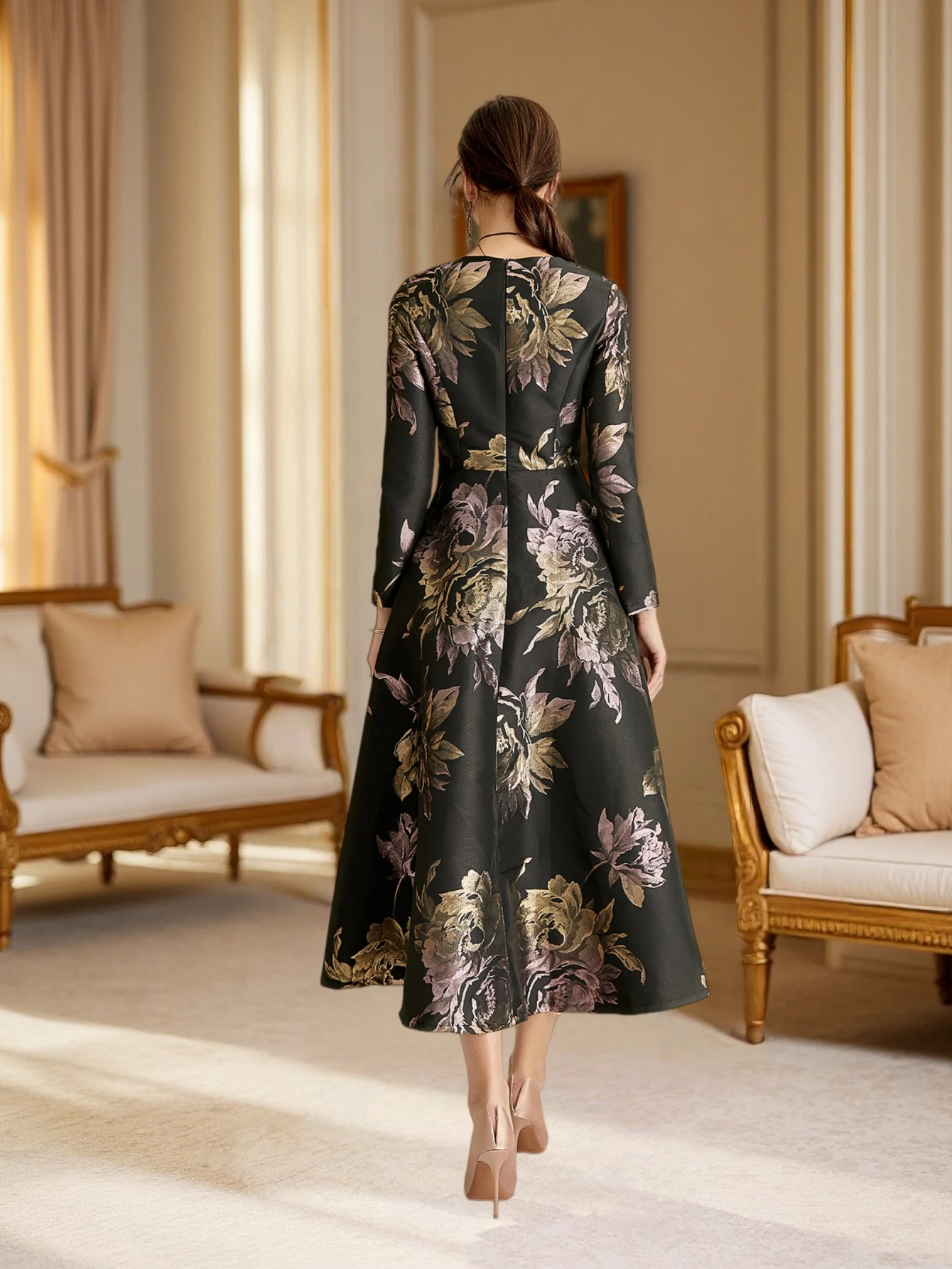 Luxury Women Long Maxi Jacquard Dress Spring Autumn Boho Floral Fashion Clothing Ladies Party Evening Ball Gown