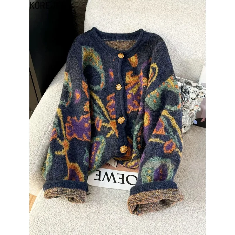 Women Retro Jacquard Knit Cardigan Korean Style Thick Colorful Abstract Print Long Sleeve Single Breasted Vintage Autumn