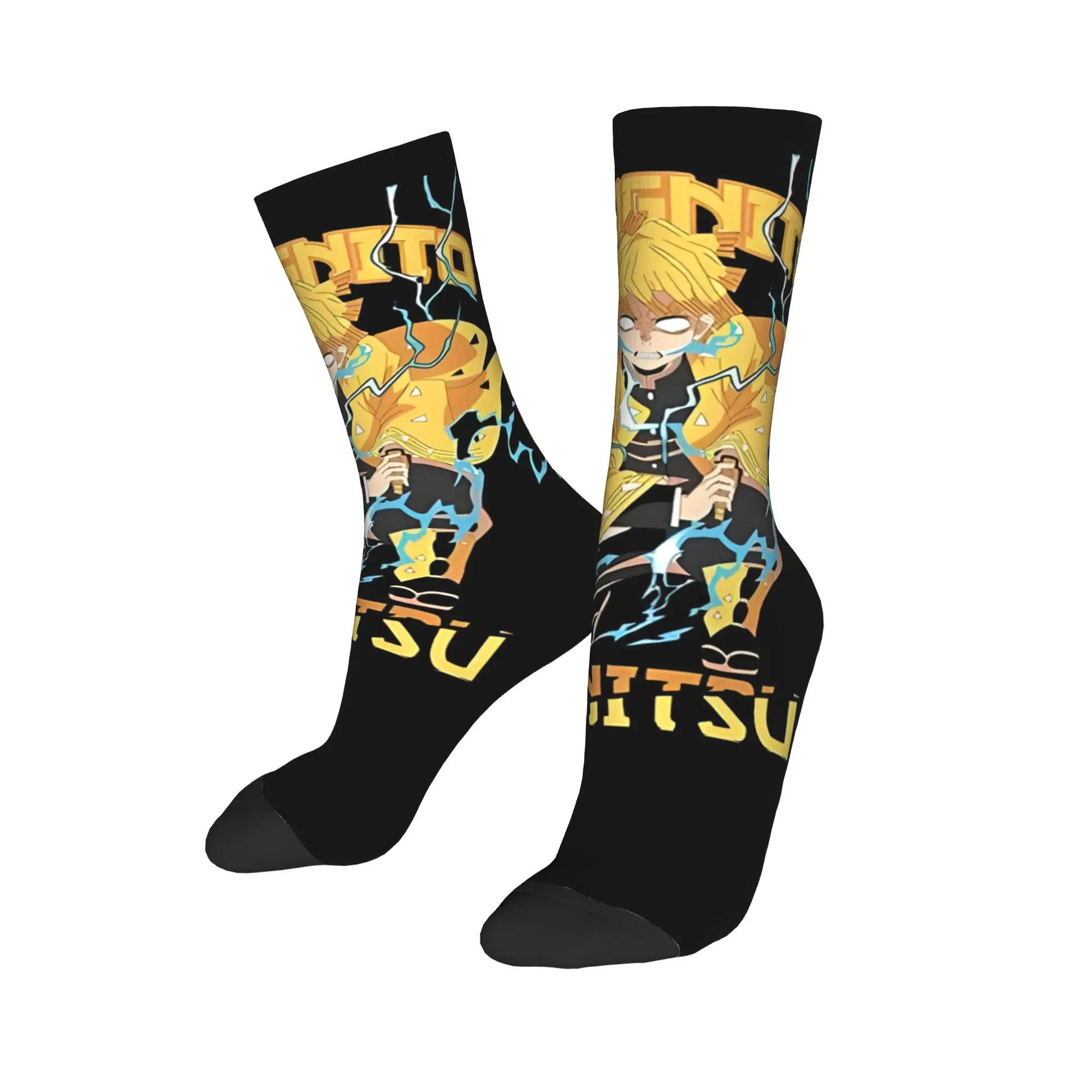 Funny Sock Bandai Demon Slayer Zenitsu Lightning Pose Harajuku Seamless Pattern Printed Men Crew Socks Casual Men's Socks