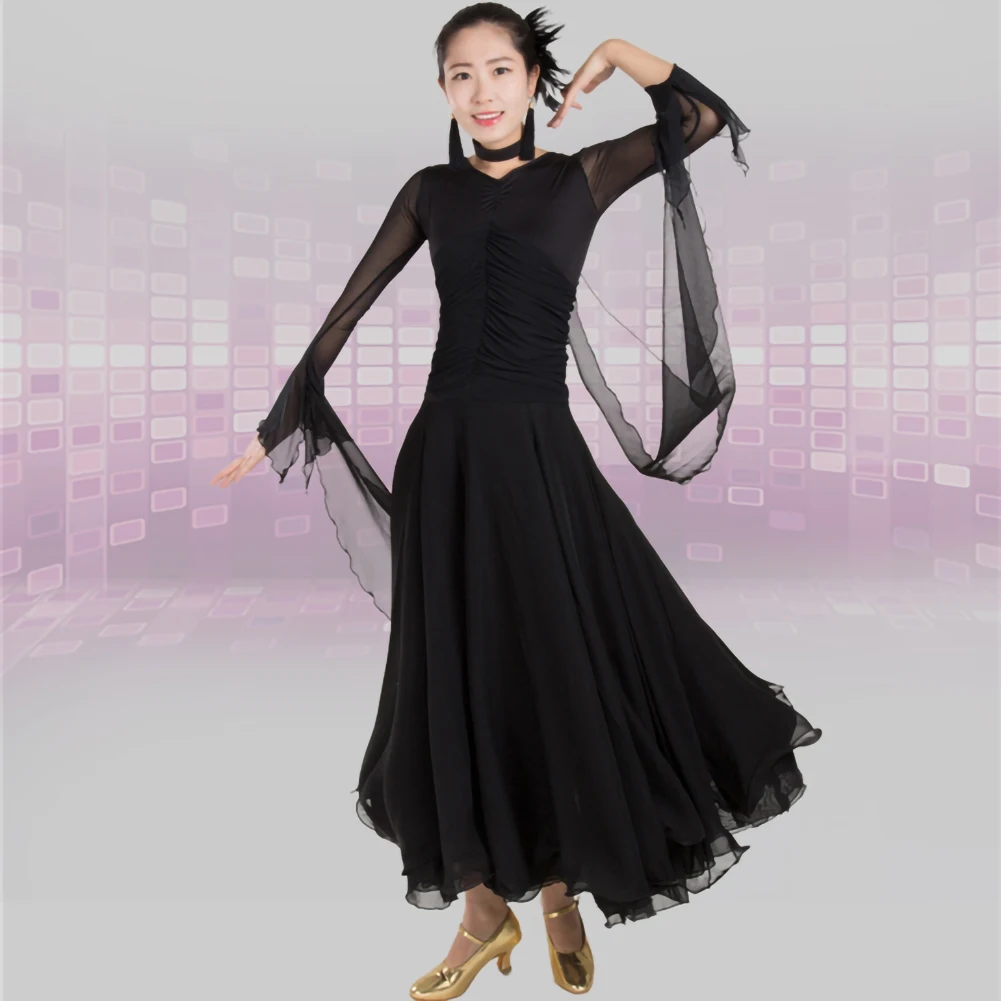 Gesellschaftstanzkleid Schwarz Rose Rot Standard-Wettkampfkleid V-Ausschnitt Band Mesh Langarm Übungstanzkostüm