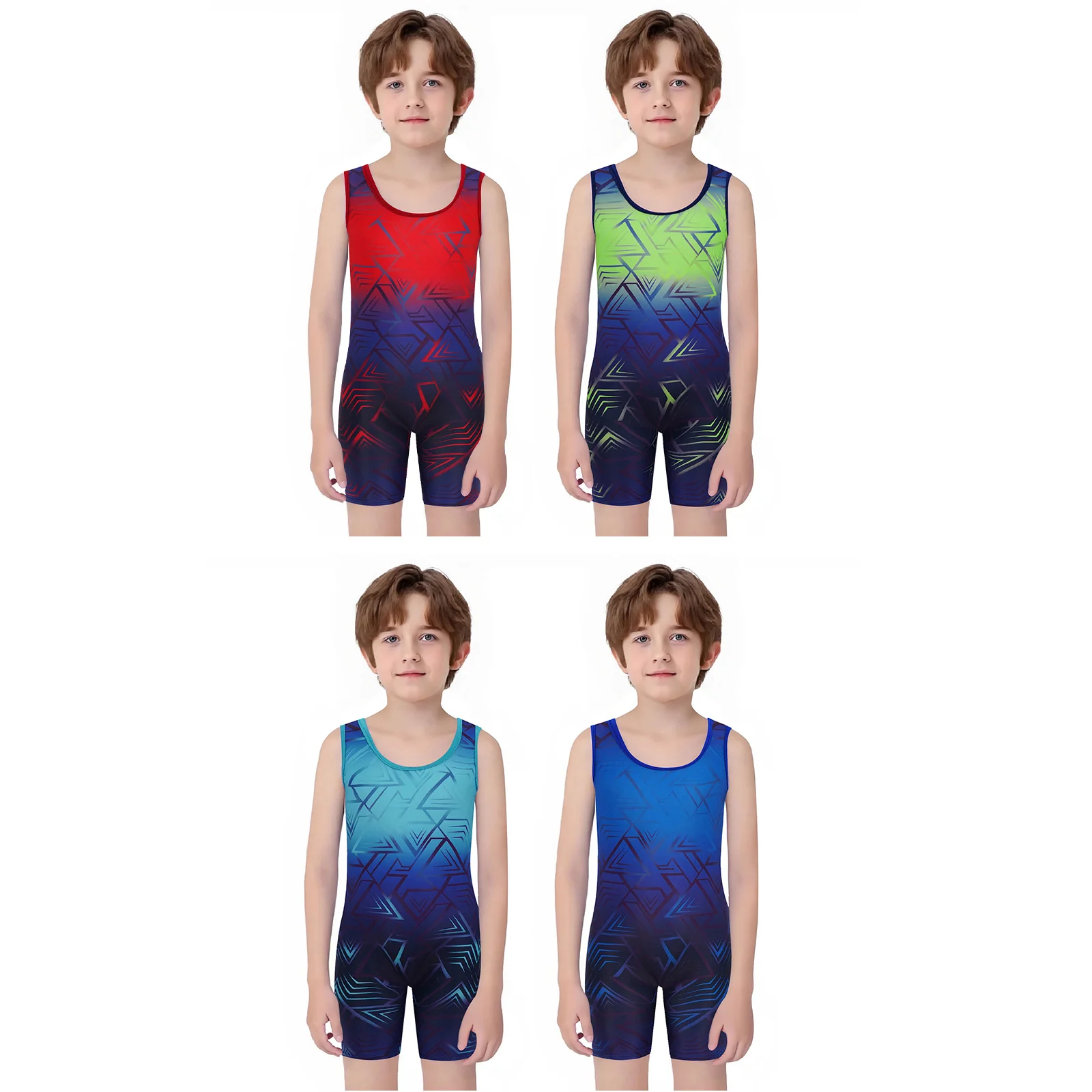 Children Boys One-piece Sports Suit Swimsuit Swimwear Geometric Printed Jumpsuit Wrestling Singlet Sleeveless Bodysuit Jumpsuit