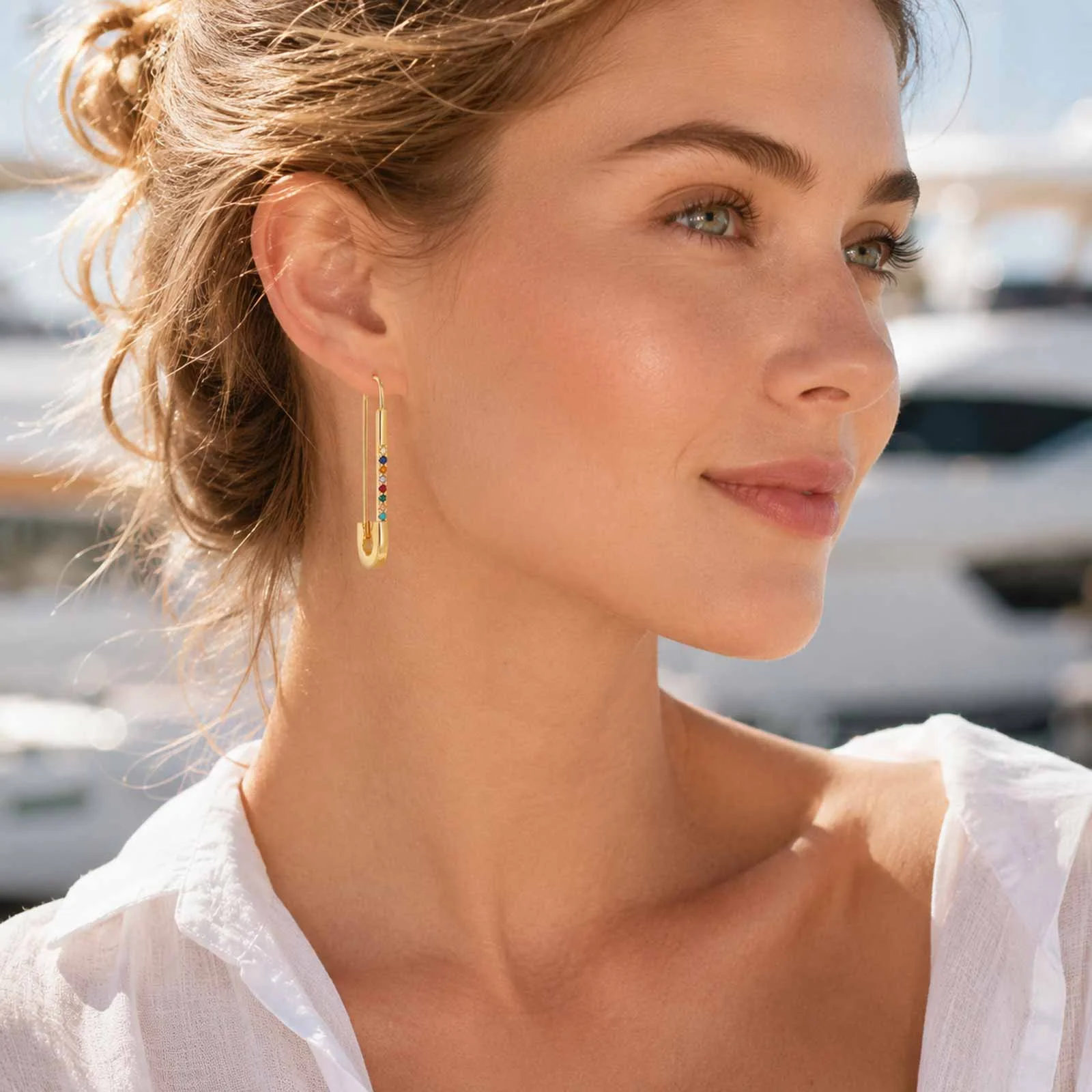 Safety Pin Drop Earrings Gold Plated Multicolor Cubic Zirconia Paperclip Earrings Women's Daily Party Wedding Jewelry Ear Gift