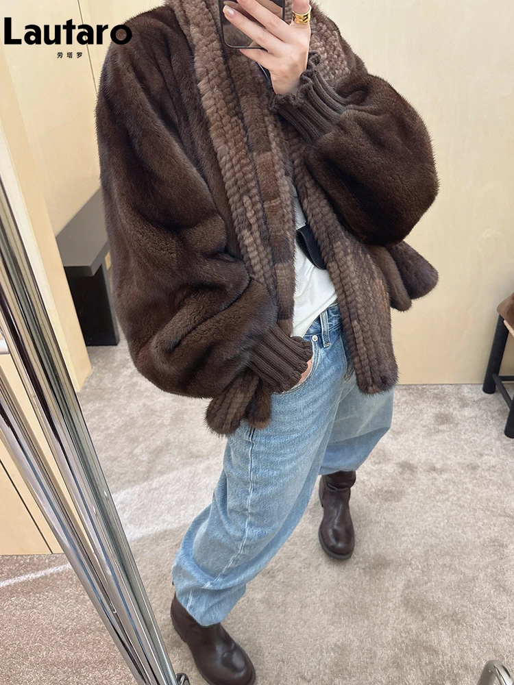 Lautaro Autumn Winter Brown Thick Warm Soft Faux Mink Fur Coat Women Lantern Sleeves Elegant Luxury Chic Fluffy Jacket 2026