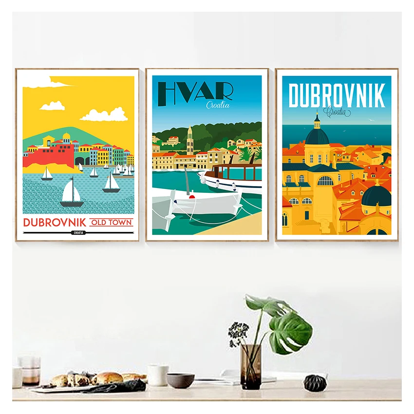 Travel Poster Canvas Painting Kraft Poster Coated Wall Sticker Home Decoration Gift Croatia Zagreb Dubrovnik Vintage