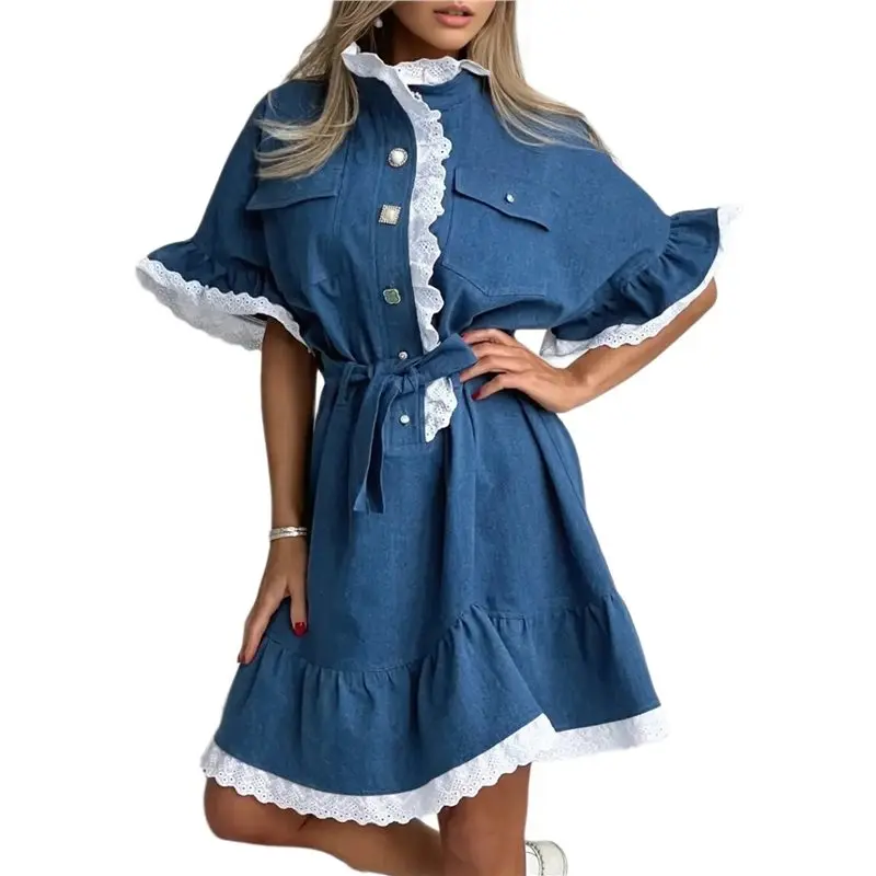 

CYL-Womens Button Front Street Vintage Style Denim Dress Short Sleeve Ruffle Lace Trim Sweet Dress