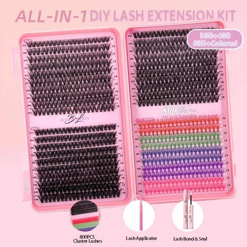 800 Clusters DIY Large Capacity 10mm Length Colorful Mixed Segmented Eyelash Extension Kit Single Tuft False Eyelash Tool Kit