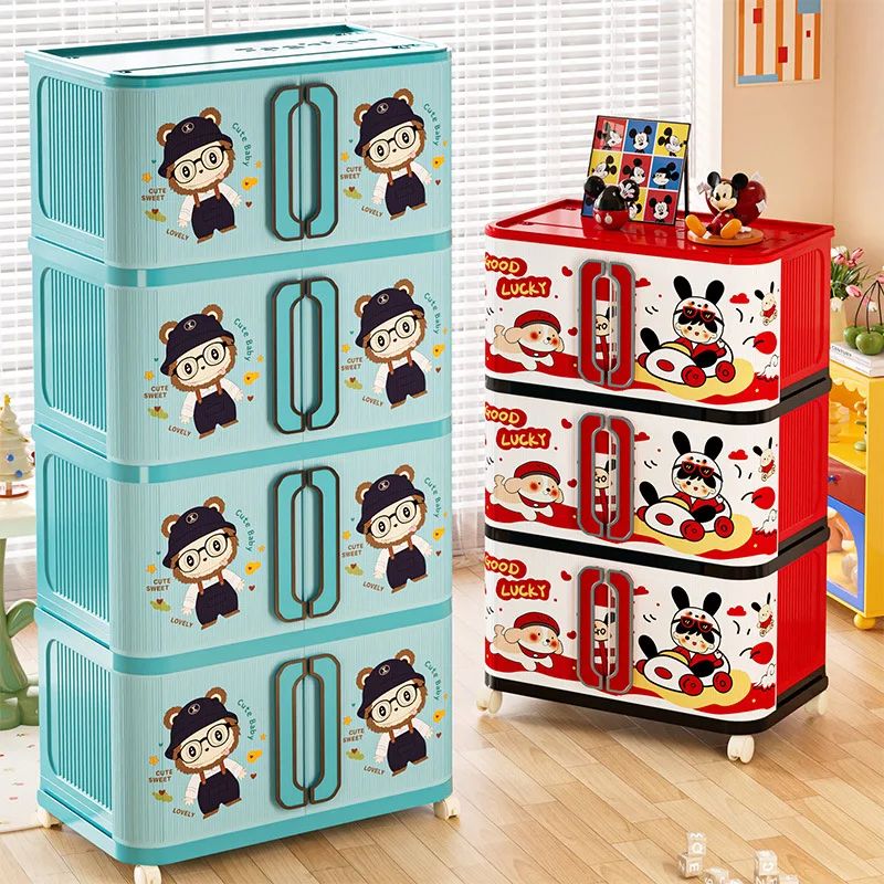 

Multi-Tier Stackable Kids Storage Cabinet Cartoon Design Thickened Foldable Home Organizer for Clothes Snacks and Toys