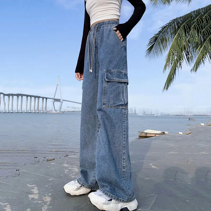 

Oversized Cargo Jeans Women Spring Autumn Straight Leg Wide Leg Pants Loose High-waisted Trousers Female Casual Denim Sweatpants