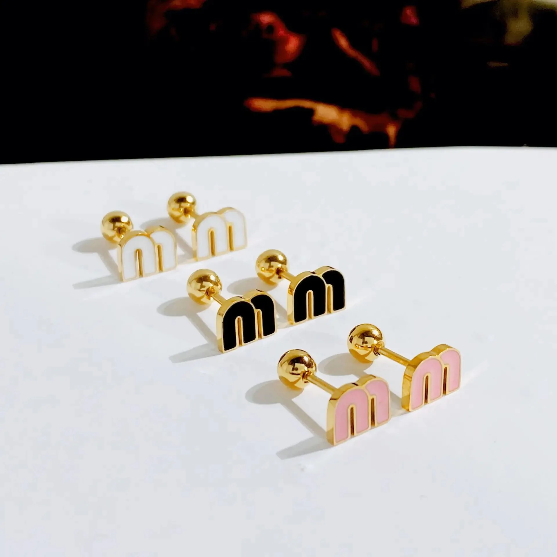 TOFFLO Fashion Colorful Oil Dripping Letter M Charm Stainless Steel Stud Earring Small Ball Screws Earrings Piercing Jewelry