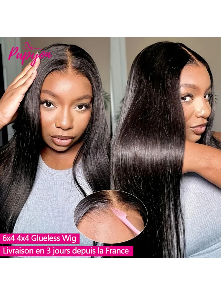 26-28 Zoll gerade 6x4 Glueless Perücken mit Kordelzug aus Echthaar, sofort tragbar, brasilianische, vorgezupfte, vorgeschnittene Lace Closure Frontal Perücken für Damen, Perruque, Lieferung in 3 Tagen