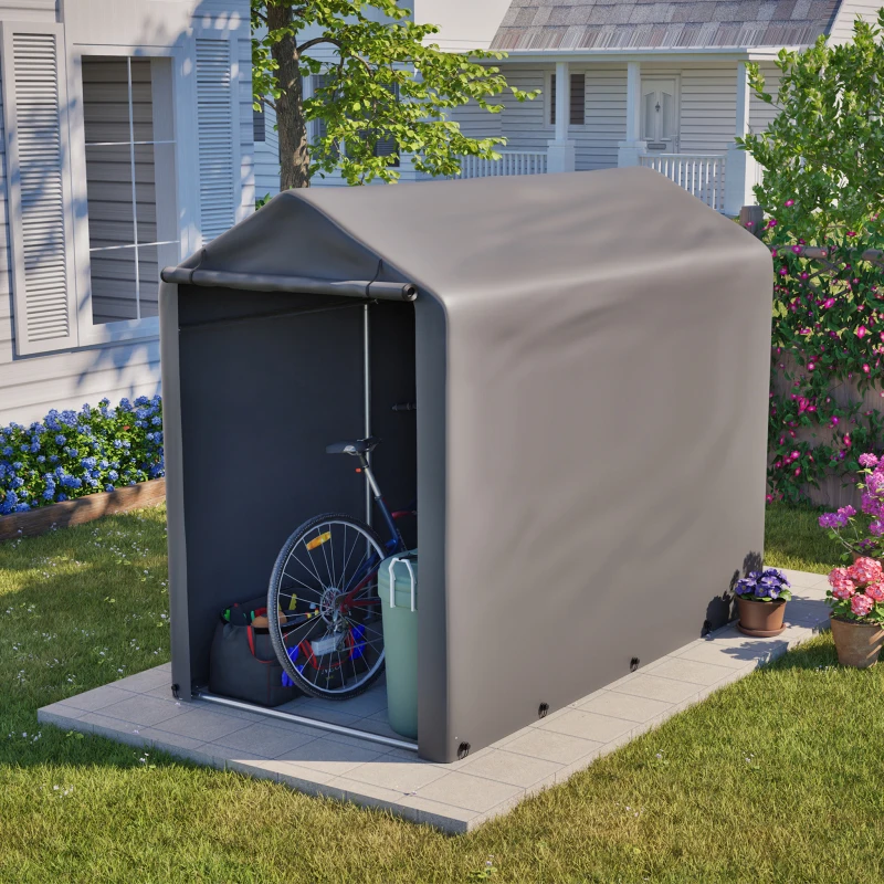 Fahrradgarage/Gartenschuppen, 187x100x160 cm, wetterfestes Gartenschuppenzelt mit Stahlrahmen, dunkelgraues Aufbewahrungszelt für Fahrräder, Gartengeräte & Zubehör – ideal für Balkon, Terrasse &